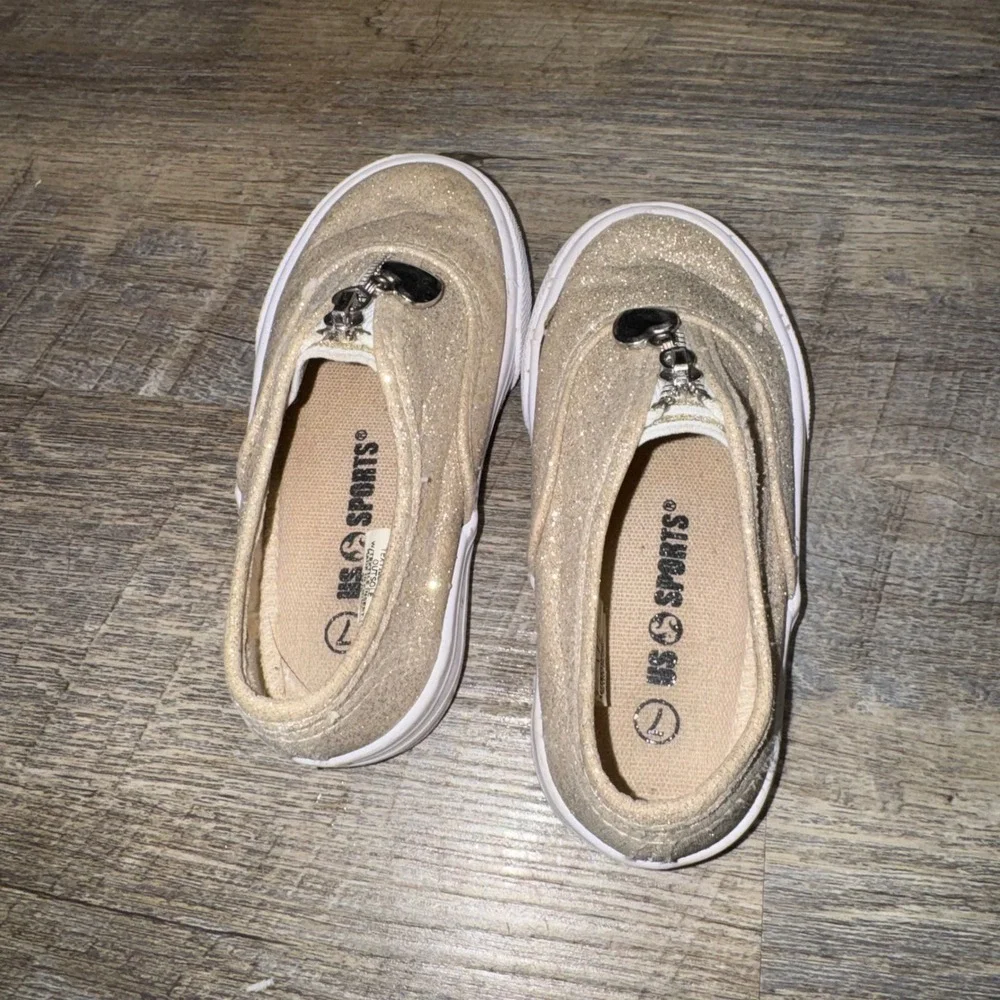 US Sports Girls Glitter Sneakers Toddler Size 7 Gold Zip Heart Slip On Shoes